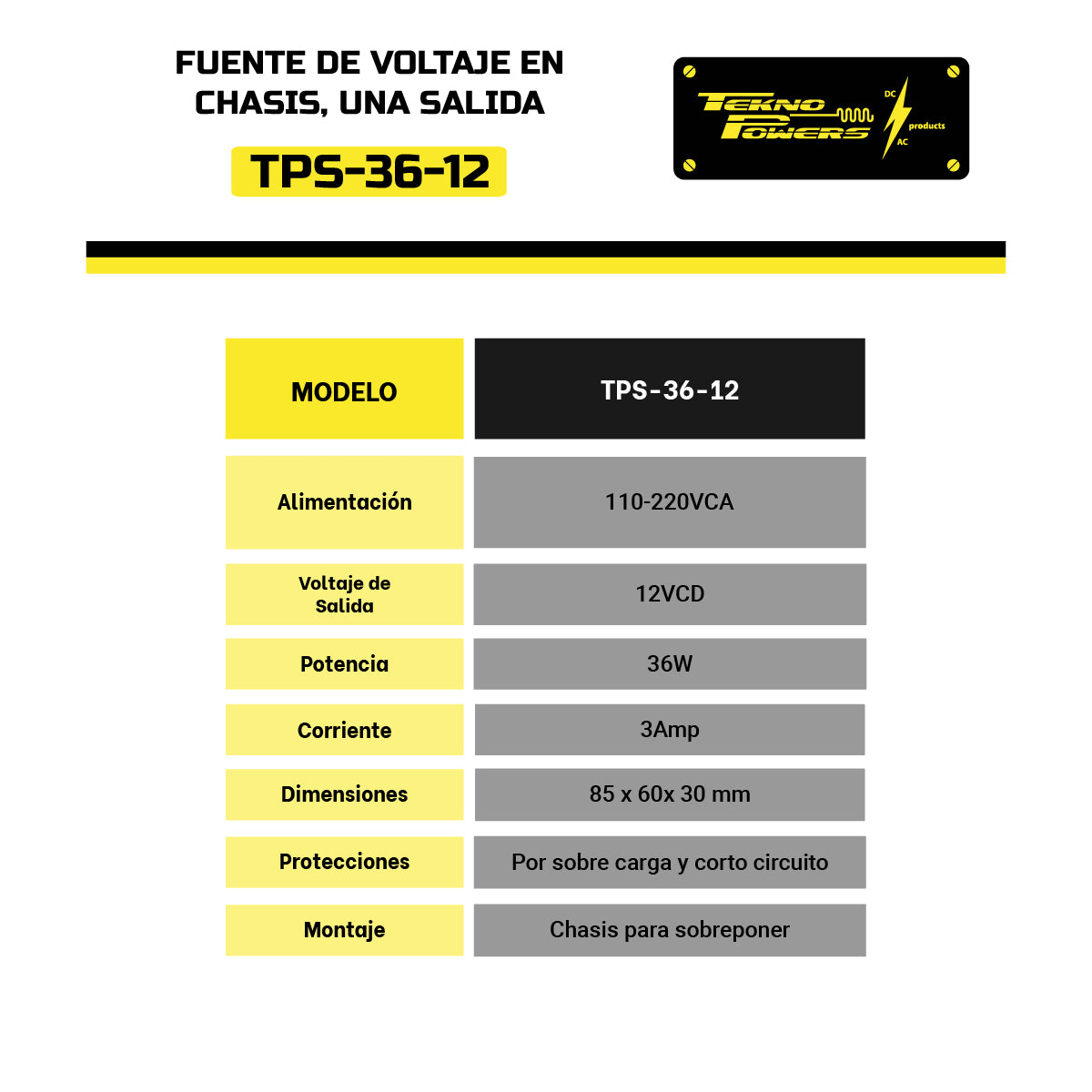 TPS-36-12 | FUENTE DE VOLTAJE 12V/3A/36W, 110-220VCA, 85 X 60X 30 mm