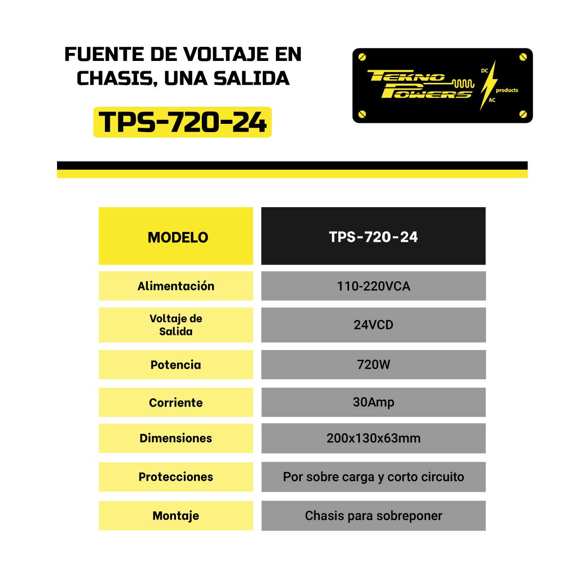 TPS-720-24 | FUENTE DE VOLTAJE 24V/30A/720W 110-220VCA, 215 X 115 X 50mm