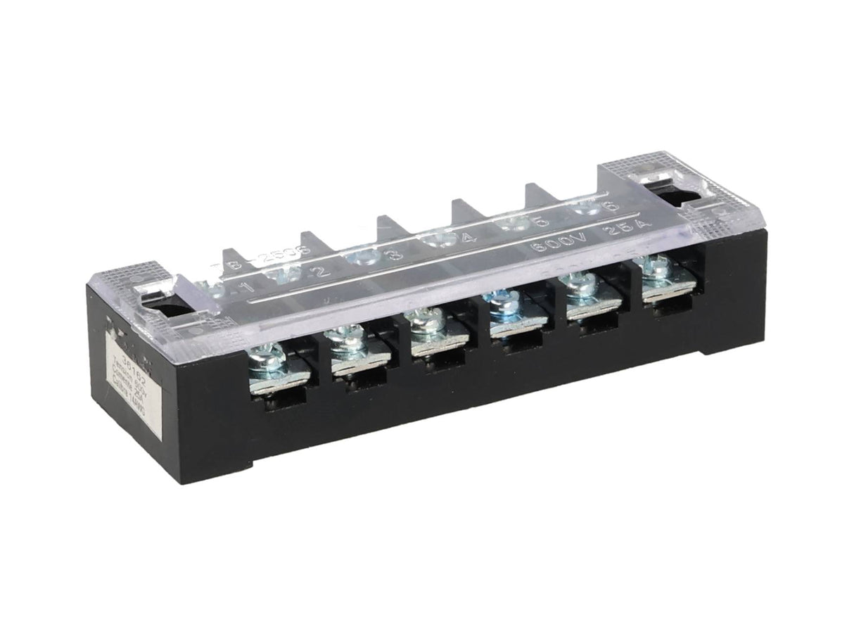 TB-2506 — BLOQUE DE TERMINALES MONTAJE FIJO 25AMP6 POLOS, 600V, CALIBRE 14 AWG,  100¡C,  (A PRUEBA DE FUEGO) 19x91x30mm